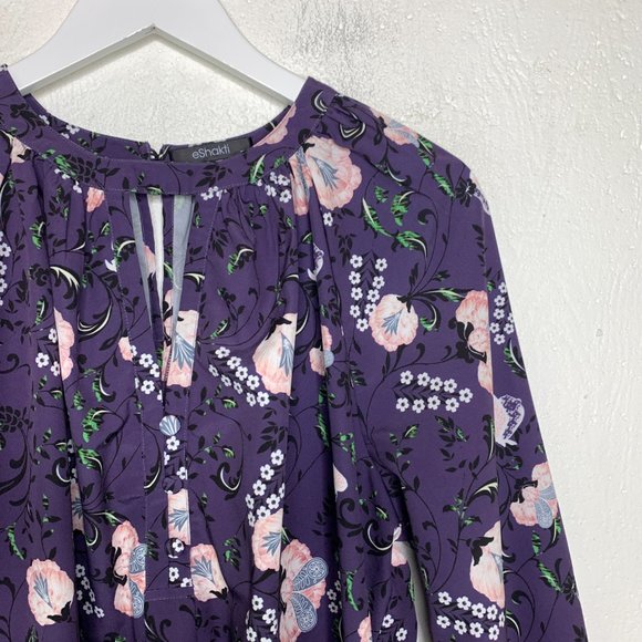 eShakti Floral Keyhole Blouse Top Size XL 16 Purple Crepe Unlined Pullover Boho - Picture 5 of 14